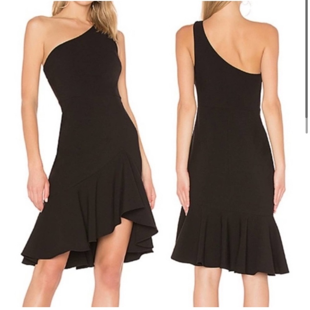 Likely Black One Shoulder Asymmetrical
Ruffle Hem Mermaid Trumpet Midi
Cocktail - Picture 2 of 6